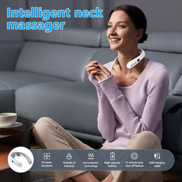 Wireless Neck Massager with Heat & 10 Modes: Electric Pulse Pain Relief