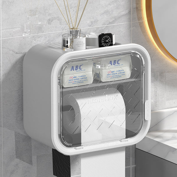 Grey Wall Mounted Dual Layer Bathroom Tissue Box Holder with Storage Drawer Waterproof