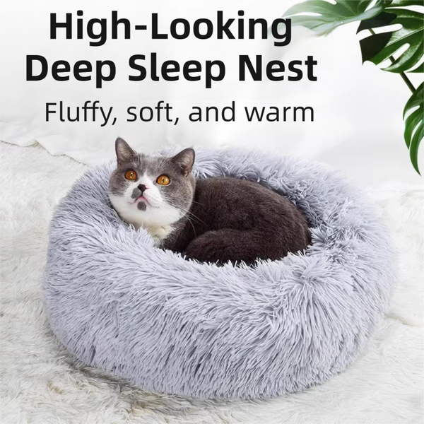 Grey Cozy Donut Long Plush Cat & Dog Calming Bed