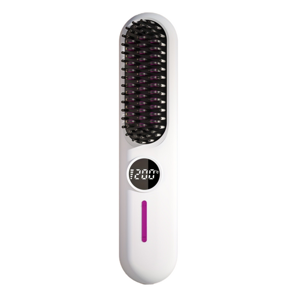 White Cordless Hair Straightener Brush - 2-in-1 Curling & Straightening Tool with LED Power Display