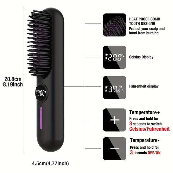 White Cordless Hair Straightener Brush - 2-in-1 Curling & Straightening Tool with LED Power Display