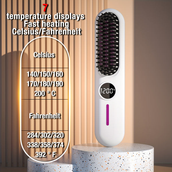 White Cordless Hair Straightener Brush - 2-in-1 Curling & Straightening Tool with LED Power Display