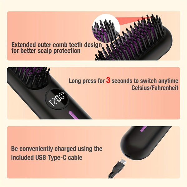 White Cordless Hair Straightener Brush - 2-in-1 Curling & Straightening Tool with LED Power Display