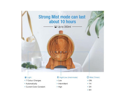 Essential Oil Aroma Diffuser - 350ml Barrel Wood Ultrasonic Air Mist Humidifier