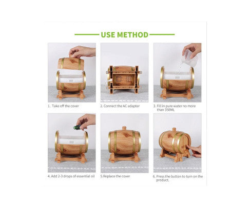 Essential Oil Aroma Diffuser - 350ml Barrel Wood Ultrasonic Air Mist Humidifier