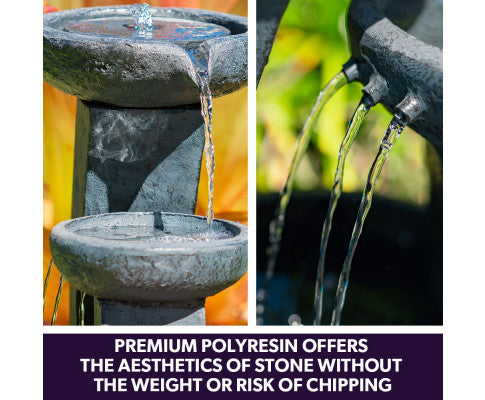 PROTEGE Solar Fountain Water Feature Outdoor Bird Bath with LED Lights - Charcoal