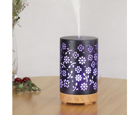GOMINIMO LED Aromatherapy Essential Oil Diffuser 100ml Metal Cover Floral Design with Light Wood Base