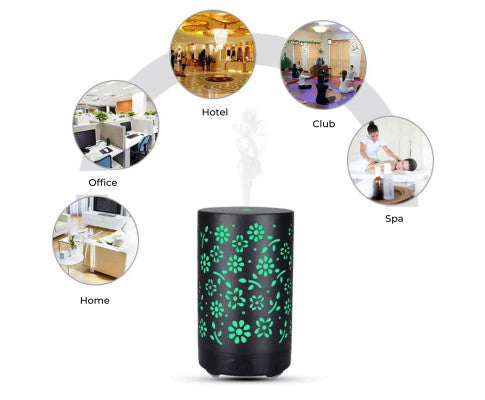 GOMINIMO LED Aromatherapy Essential Oil Diffuser 100ml Metal Cover Floral Design with Light Wood Base