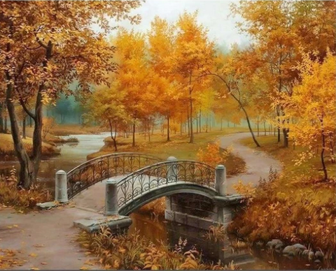 Full Drill  5D DIY Diamond Mnp Dotz Tranquil Autumn Forest Bridge 40X50