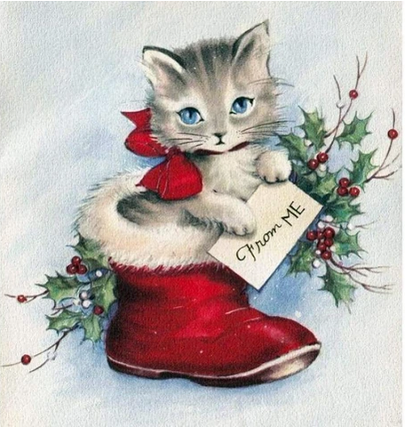 FULL DRILL 5D DIY DIAMOND PAINTING KITS WINTER CHRISTMAS CARD CAT INSIDE SHOE