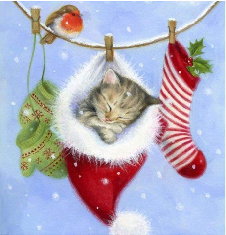 FULL DRILL 5D DIY DIAMOND PAINTING KITS WINTER CHRISTMAS CARD CUTE CAT INSIDE HAT